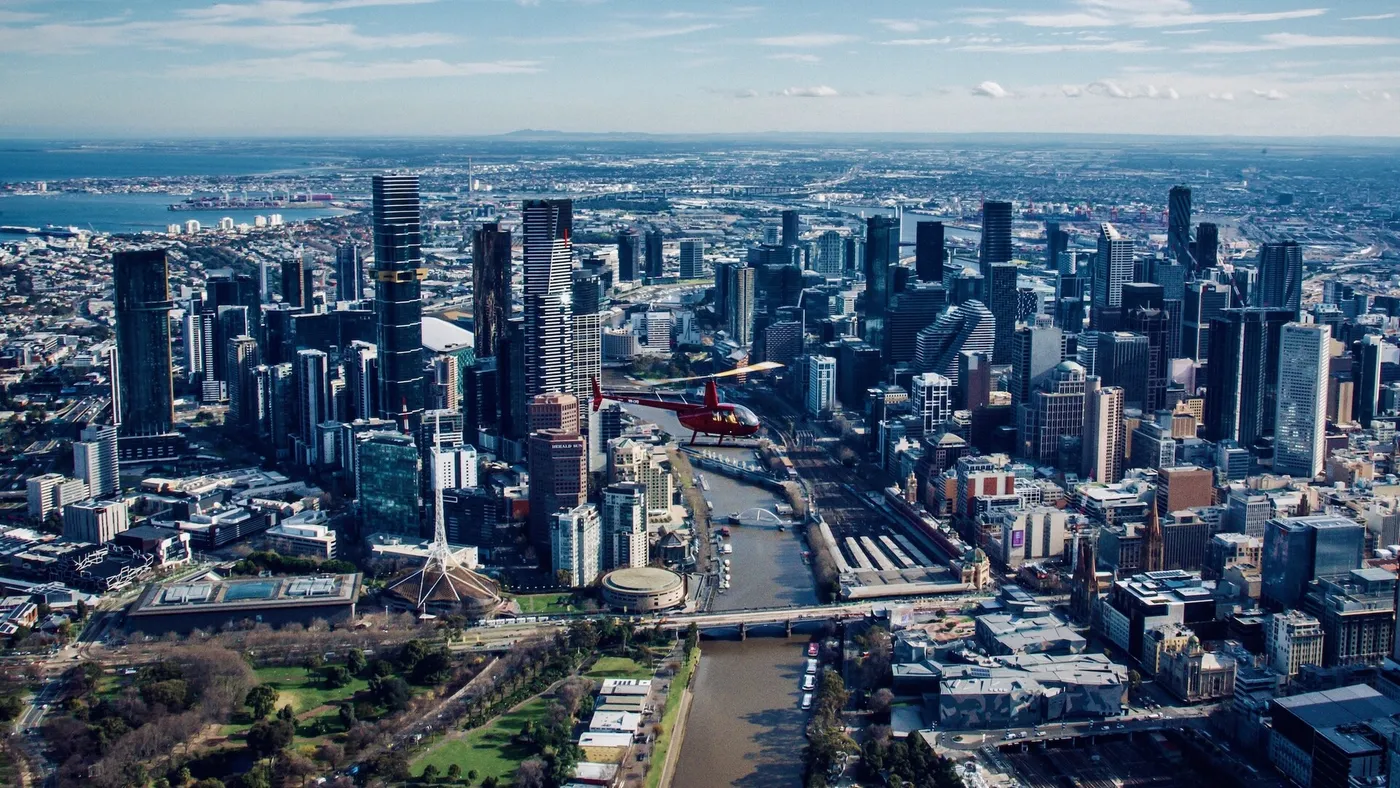Melbourne city skyline aerial view
